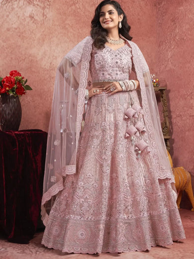 Majestic Dusty Pink Mirror Work Net Bridal Wear Lehenga Choli - Ethnic Plus In